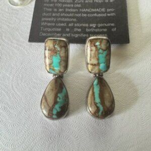 Handmade Pierced SW Turquoise Stone and Sterling Silver Drop earings